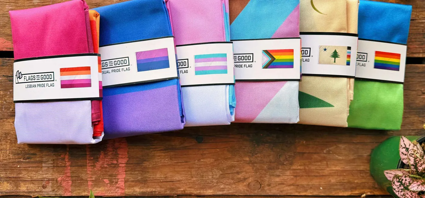 Assortment of colorful LGBTQ pride flags from Flags For Good