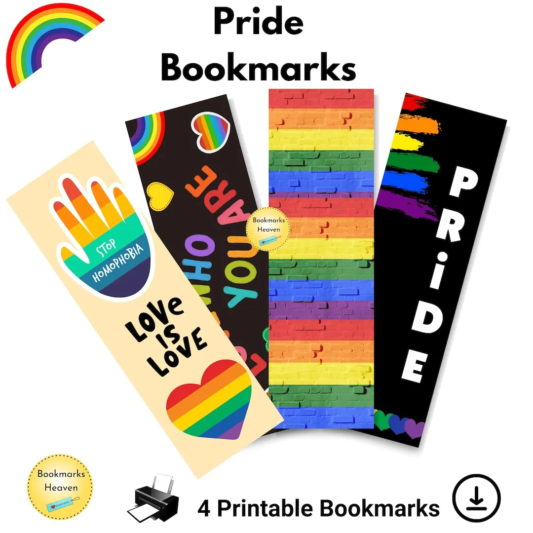 Set of four printable pride bookmarks with rainbow designs