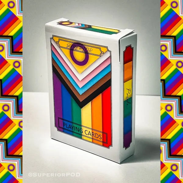 Queer pride playing card deck with a colorful progress-pride design