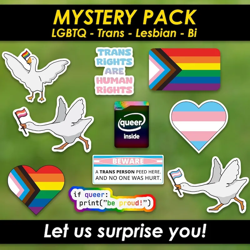 LGBTQ mystery vinyl sticker pack with pride and trans designs