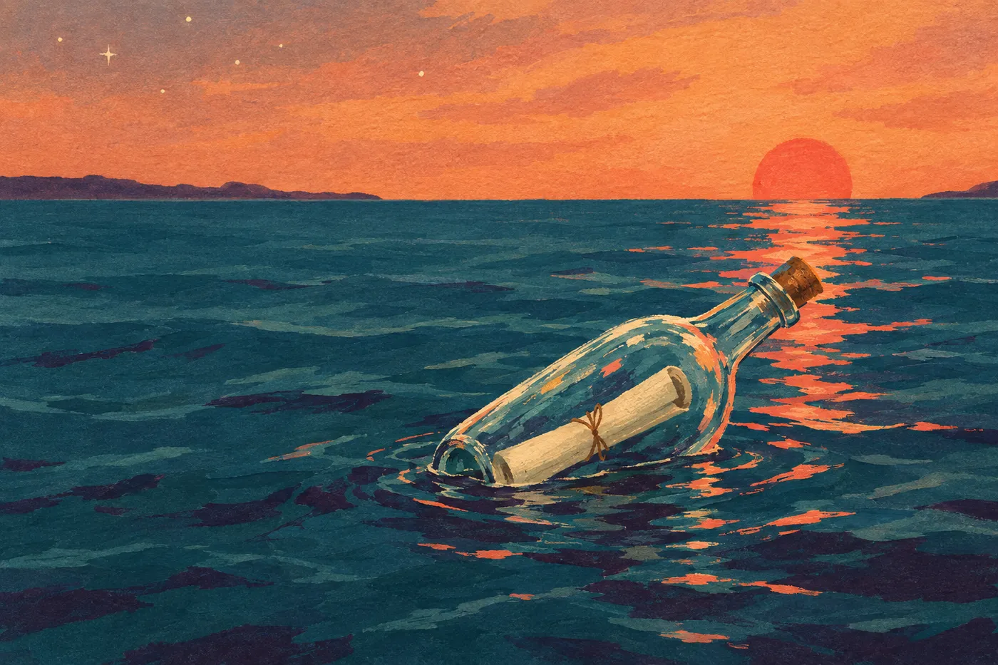 Painted glass bottle carrying a note across a teal sea at sunset.