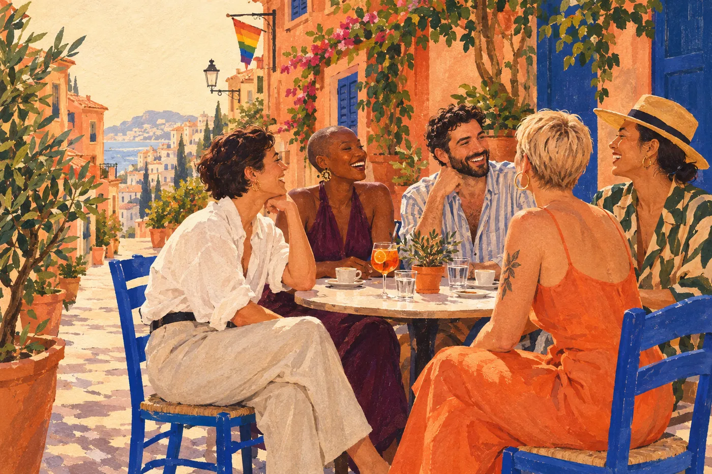 Painted illustration of friends laughing together at a sunny cafe with a rainbow flag.