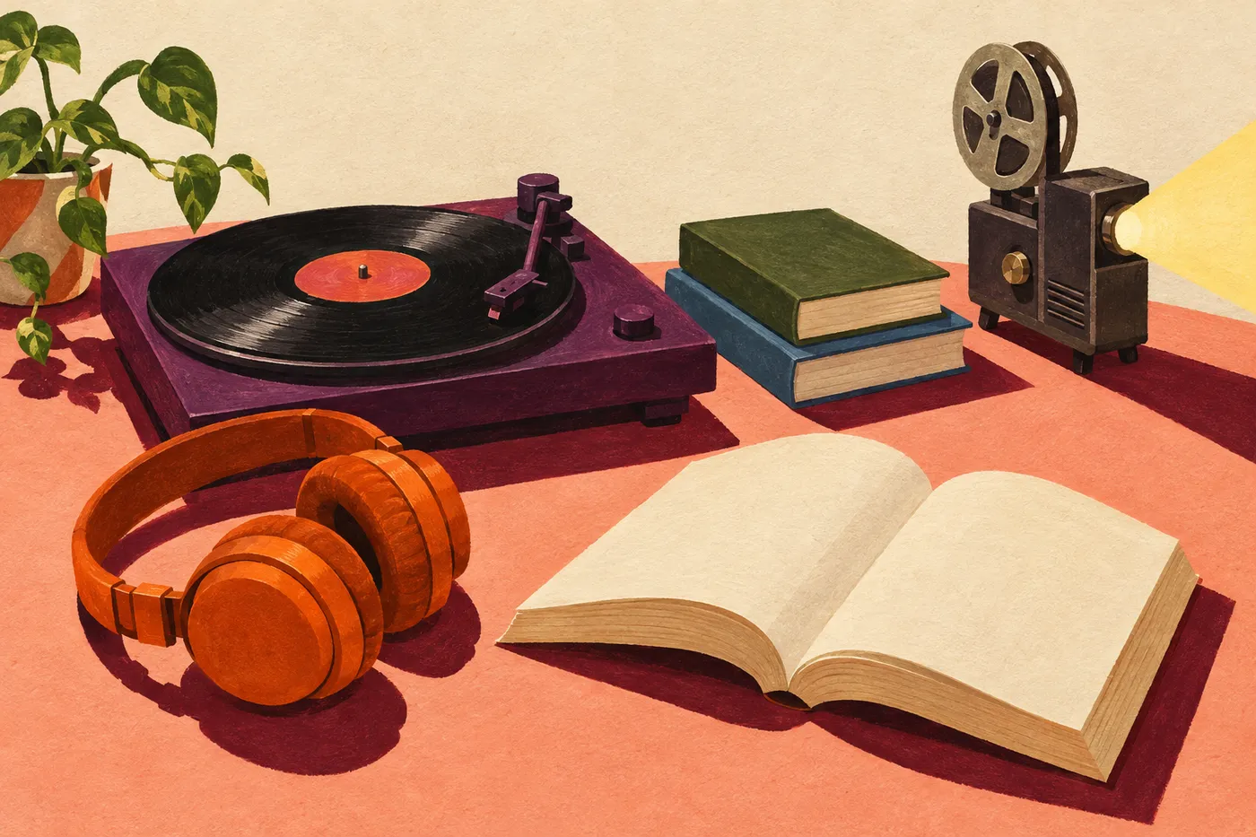 Painted record player, headphones, books, and a film projector on a warm peach table.