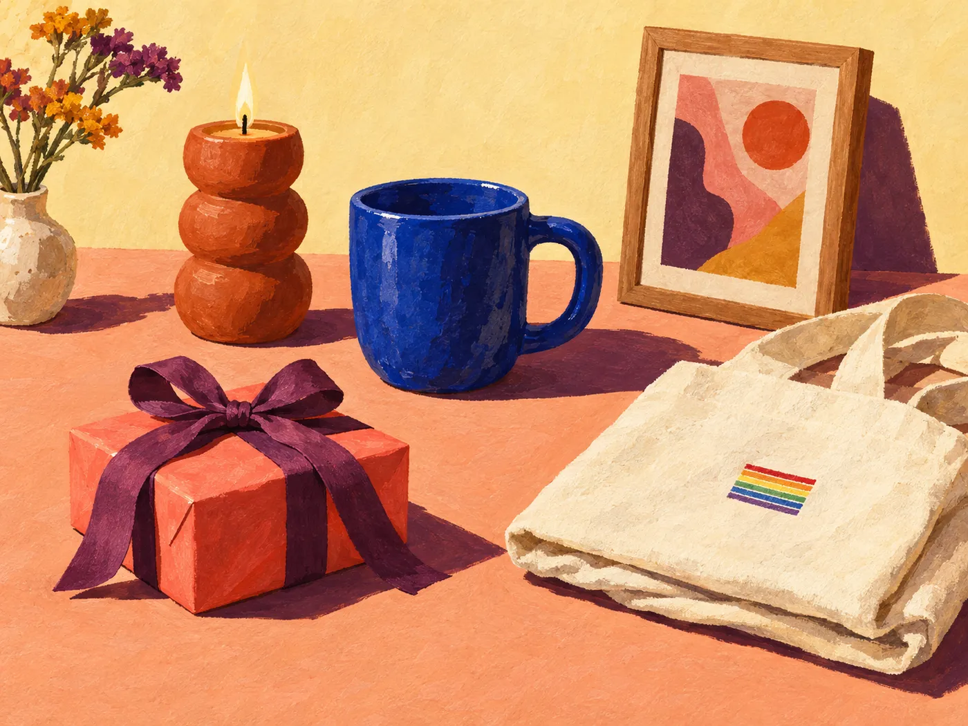 Painted gift box, blue mug, sculptural candle, art print, and a tote with a small rainbow.